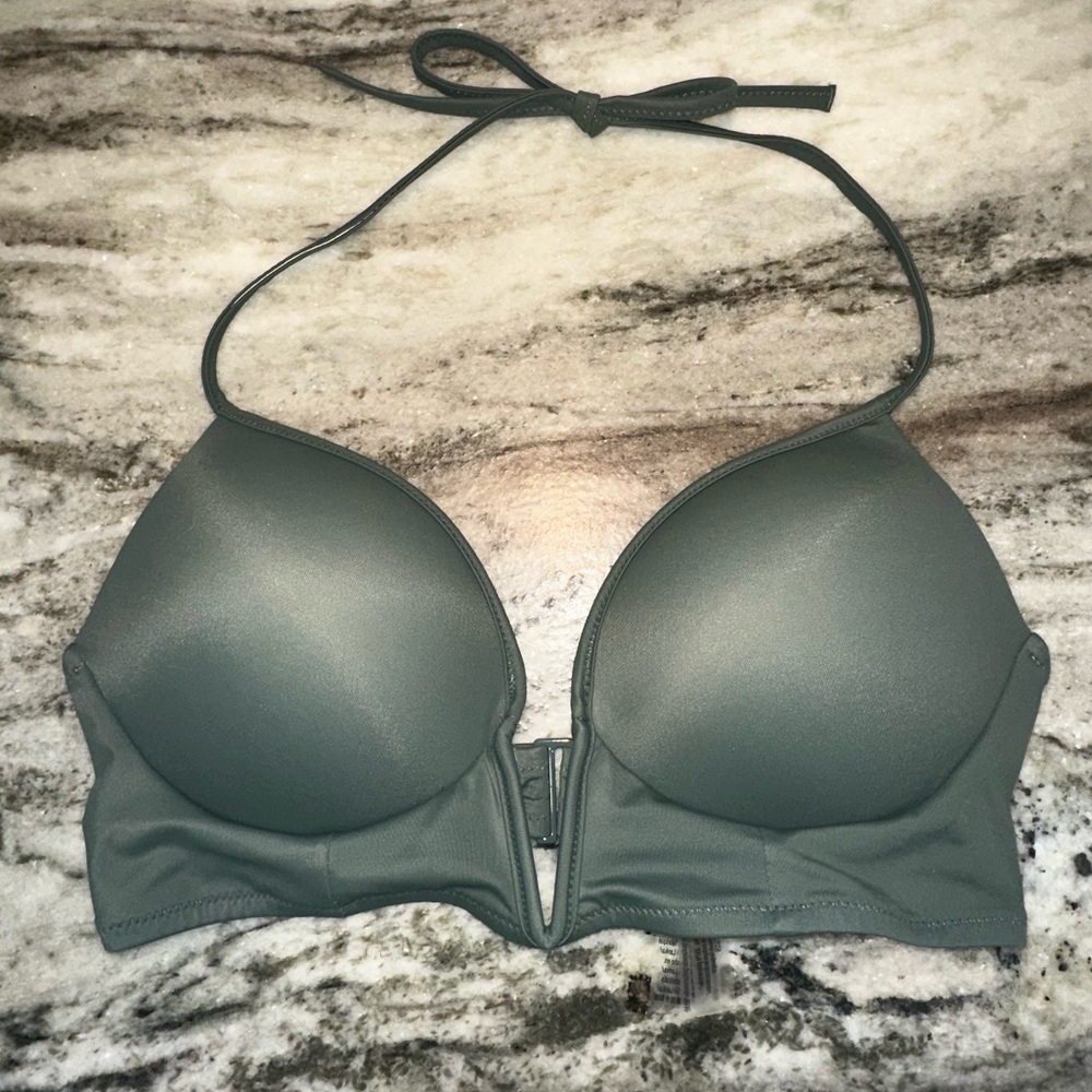 PINK Victorias Secret Midline PLUNGE HALTER BIKINI TOP Olive Army Green Sz Large